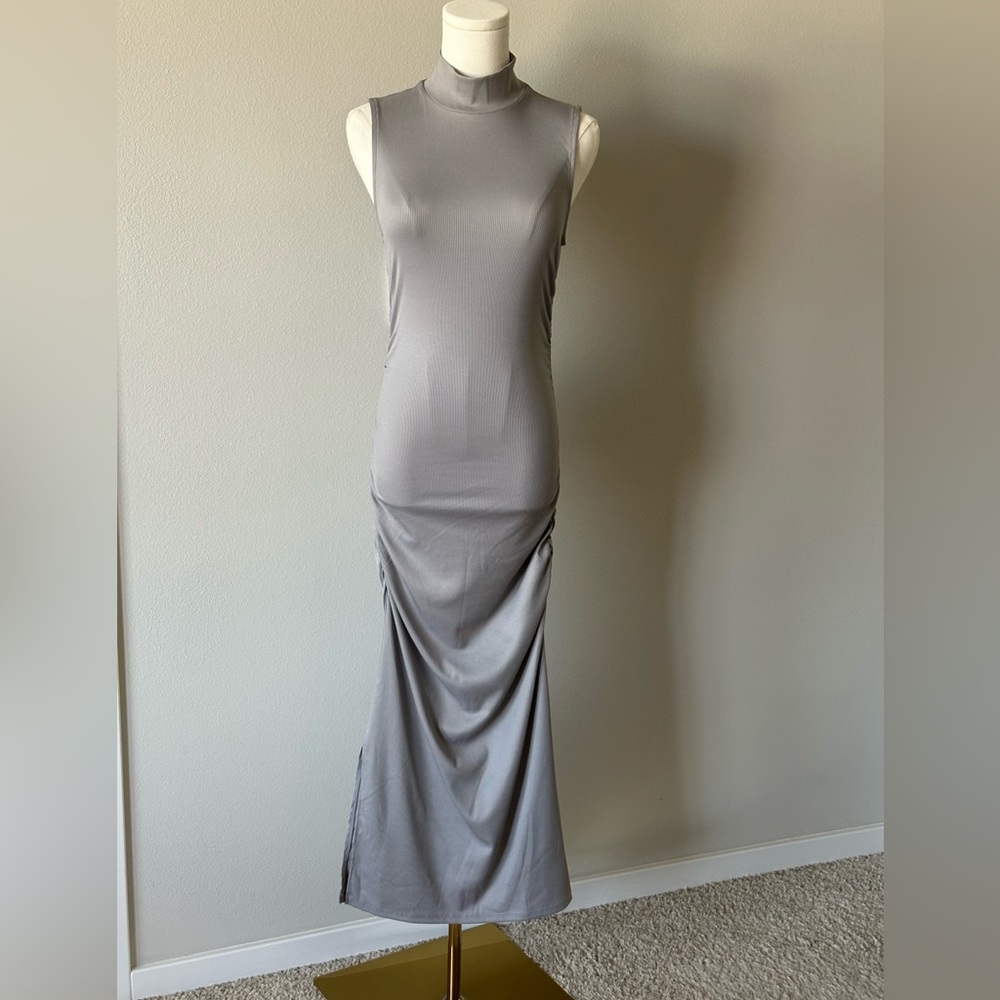 H&M Gathered Bodycon Mock Neck Gray Maxi Dress With Side Slit - S